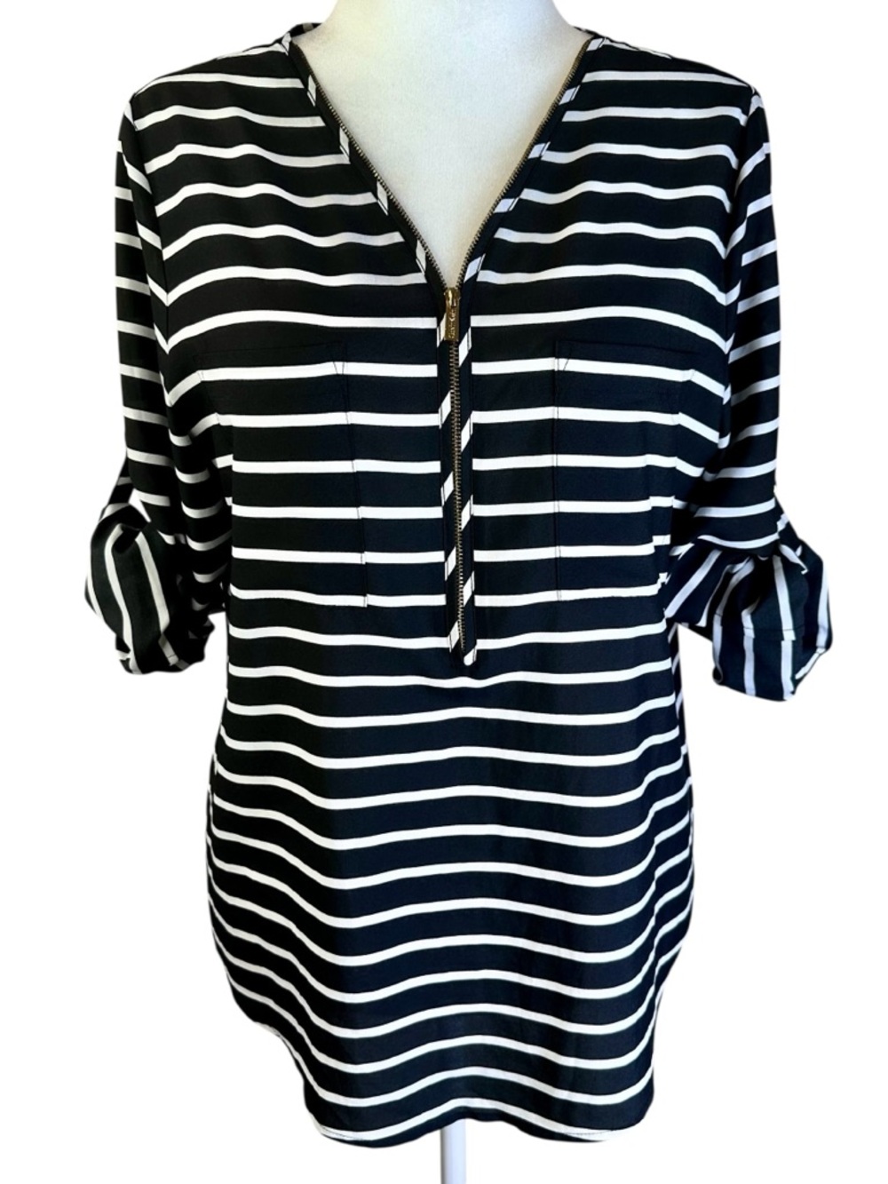 Calvin Klein V Neck Long Sleeve Striped Blouse Size M - Picture 4 of 14